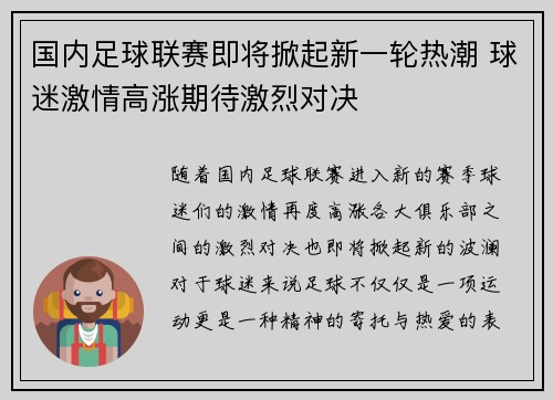 国内足球联赛即将掀起新一轮热潮 球迷激情高涨期待激烈对决