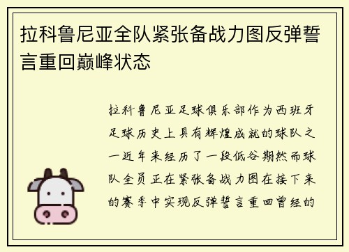 拉科鲁尼亚全队紧张备战力图反弹誓言重回巅峰状态