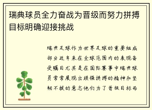 瑞典球员全力奋战为晋级而努力拼搏目标明确迎接挑战