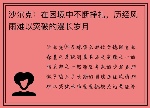 沙尔克：在困境中不断挣扎，历经风雨难以突破的漫长岁月