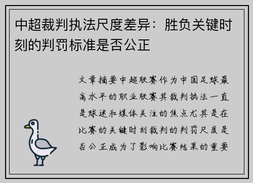 中超裁判执法尺度差异：胜负关键时刻的判罚标准是否公正