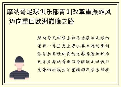 摩纳哥足球俱乐部青训改革重振雄风 迈向重回欧洲巅峰之路