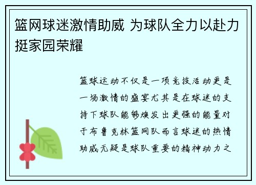 篮网球迷激情助威 为球队全力以赴力挺家园荣耀