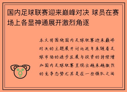 国内足球联赛迎来巅峰对决 球员在赛场上各显神通展开激烈角逐