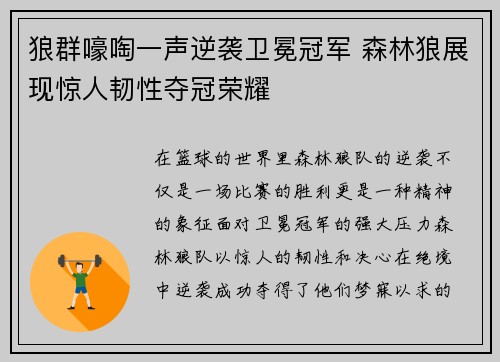狼群嚎啕一声逆袭卫冕冠军 森林狼展现惊人韧性夺冠荣耀