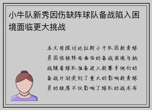 小牛队新秀因伤缺阵球队备战陷入困境面临更大挑战