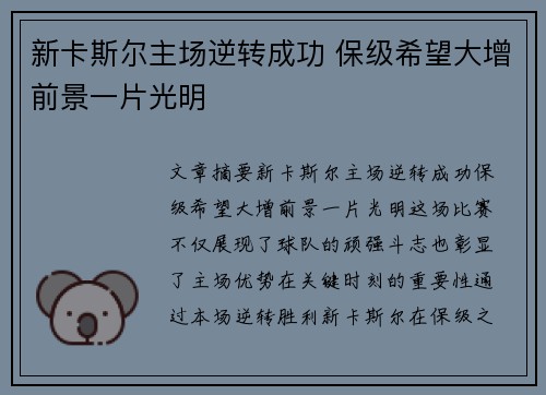 新卡斯尔主场逆转成功 保级希望大增前景一片光明