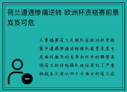 荷兰遭遇惨痛逆转 欧洲杯资格赛前景岌岌可危