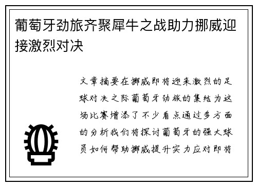 葡萄牙劲旅齐聚犀牛之战助力挪威迎接激烈对决