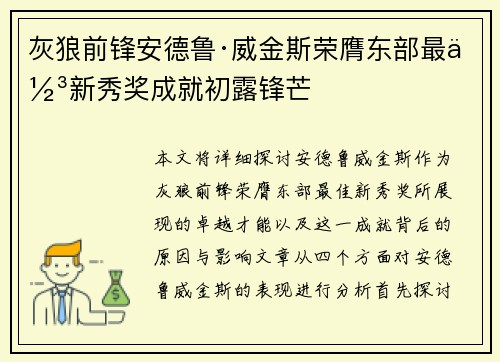 灰狼前锋安德鲁·威金斯荣膺东部最佳新秀奖成就初露锋芒